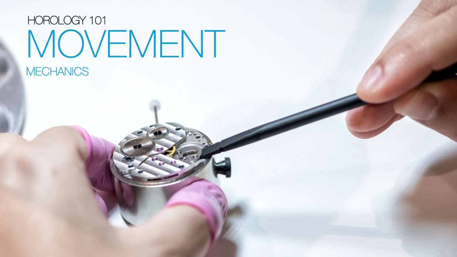 Horology 101, Movement Mechanics: fingers in pink finger cots steady a movement holder while a pegwood points into a hand-wound movement
