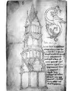 Medieval manuscript drawing of a clock tower