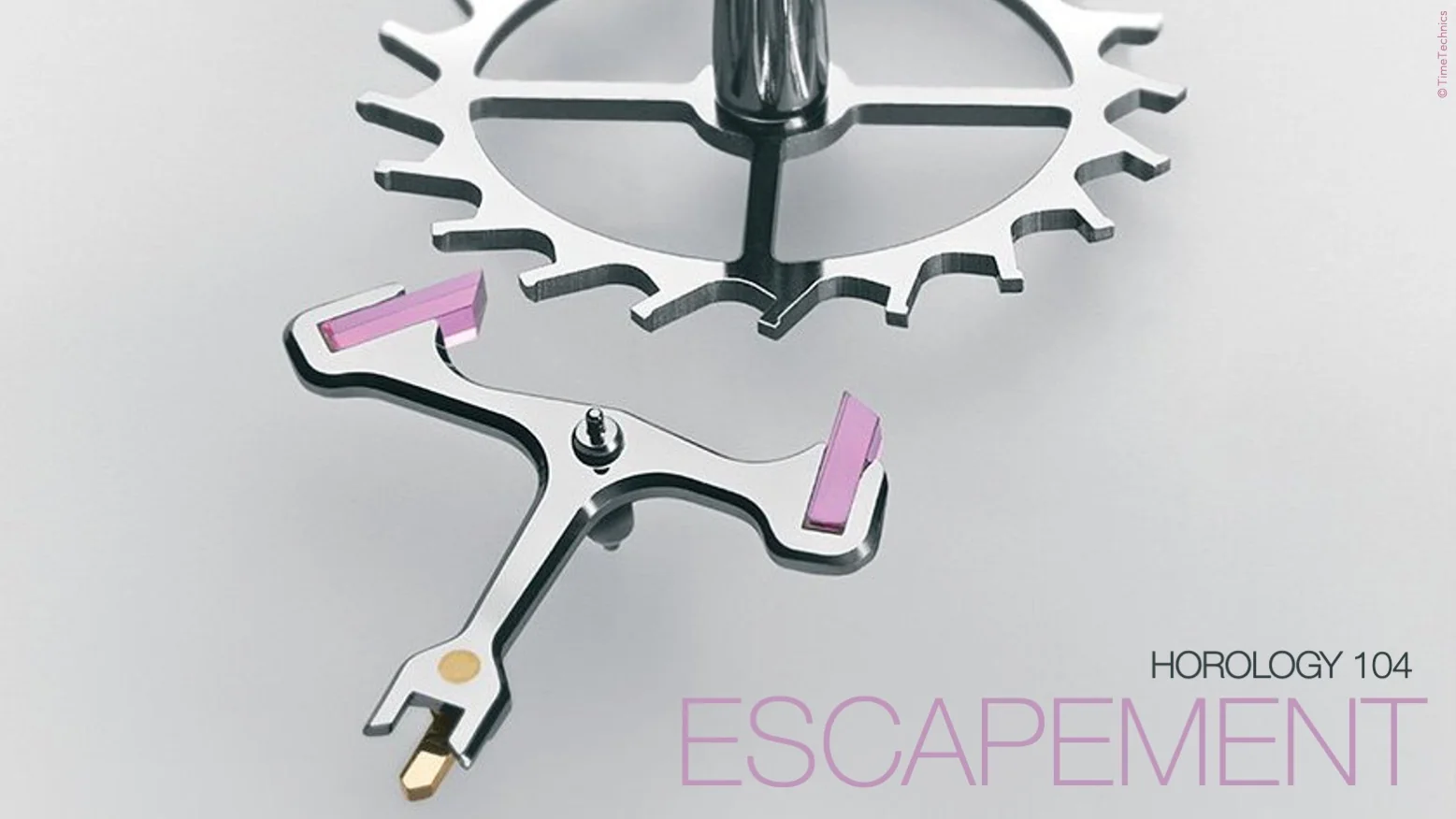 Horology 104, Escapement: a Swiss lever escapement, the escape wheel above a pallet fork with its ruby pallet stones