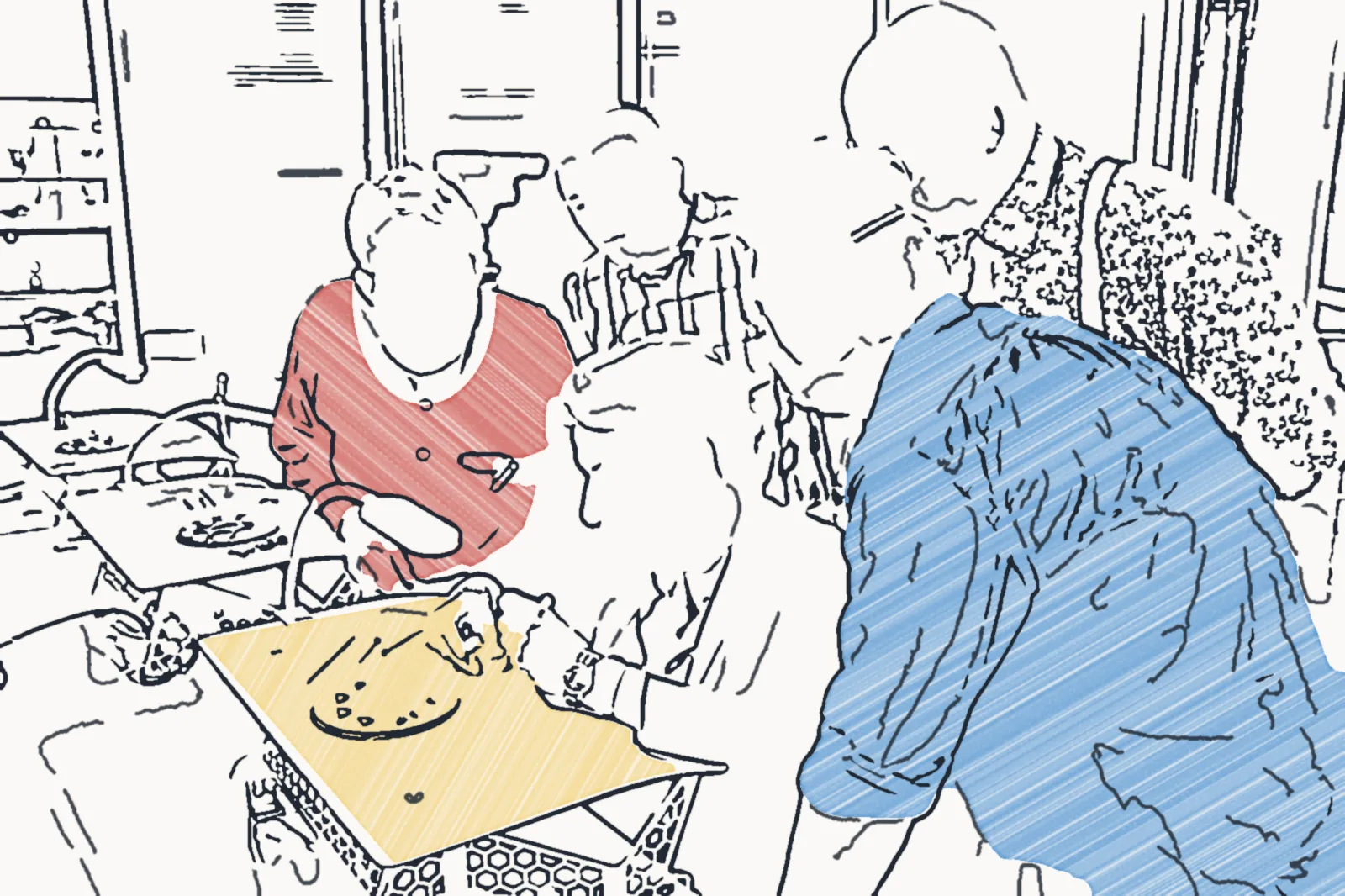 Colouring-book line drawing of a watchmaker at a bench with four participants leaning in, with three areas carefully coloured in with pencil