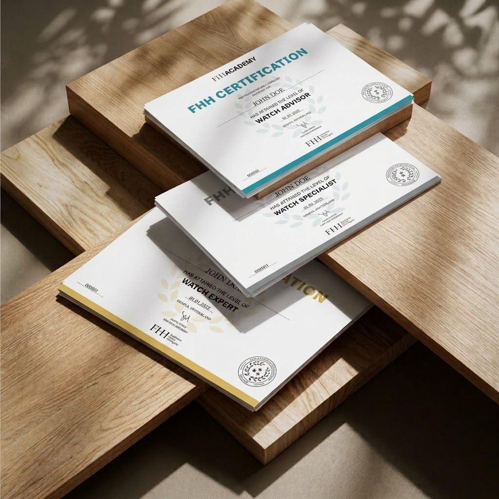 The three FHH certificates, Watch Advisor, Watch Specialist and Watch Expert, laid on wooden boards