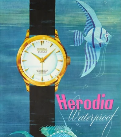 Colourful 1950s advertisement for a waterproof wristwatch with tropical fish